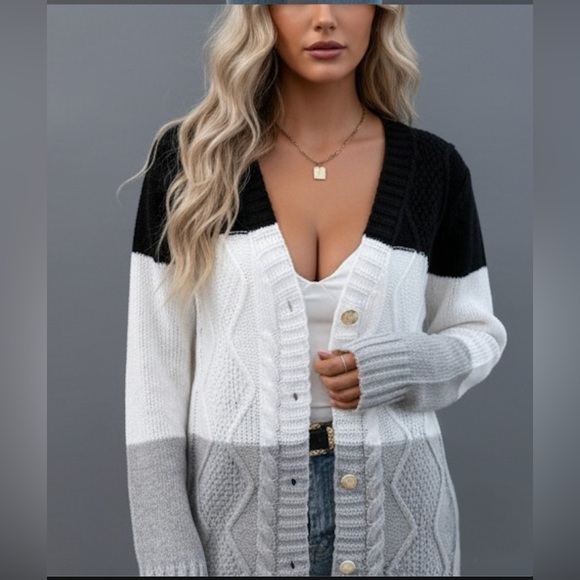 Light Color Block Cable Knit Cardigan - Picture 2 of 9